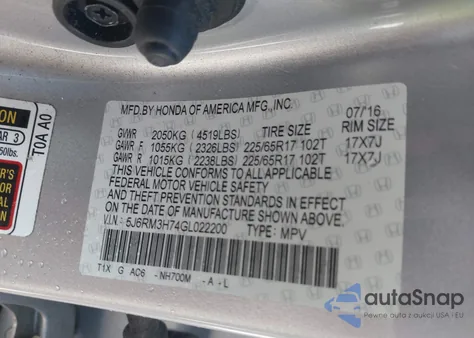 2016 Honda Cr-V Ex-L from USA, damaged, VIN 5J6RM3H74GL022200